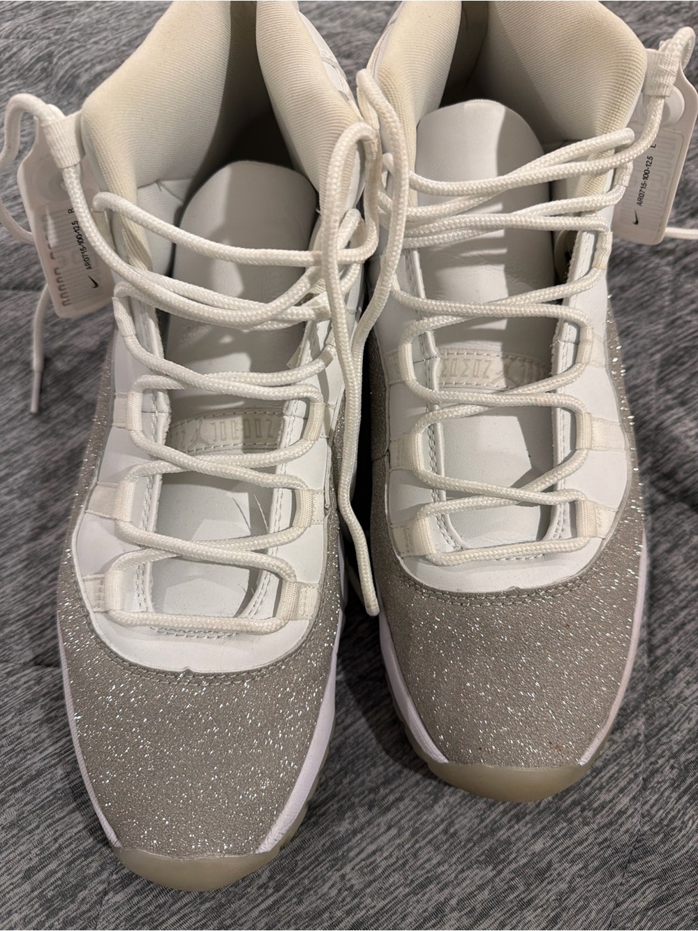 Jordan White & Silver Glitter High-Top Sneakers